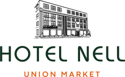 This image contains the text "HOTEL NELL" in green and "UNION MARKET" in orange below it, likely representing a hotel branding.