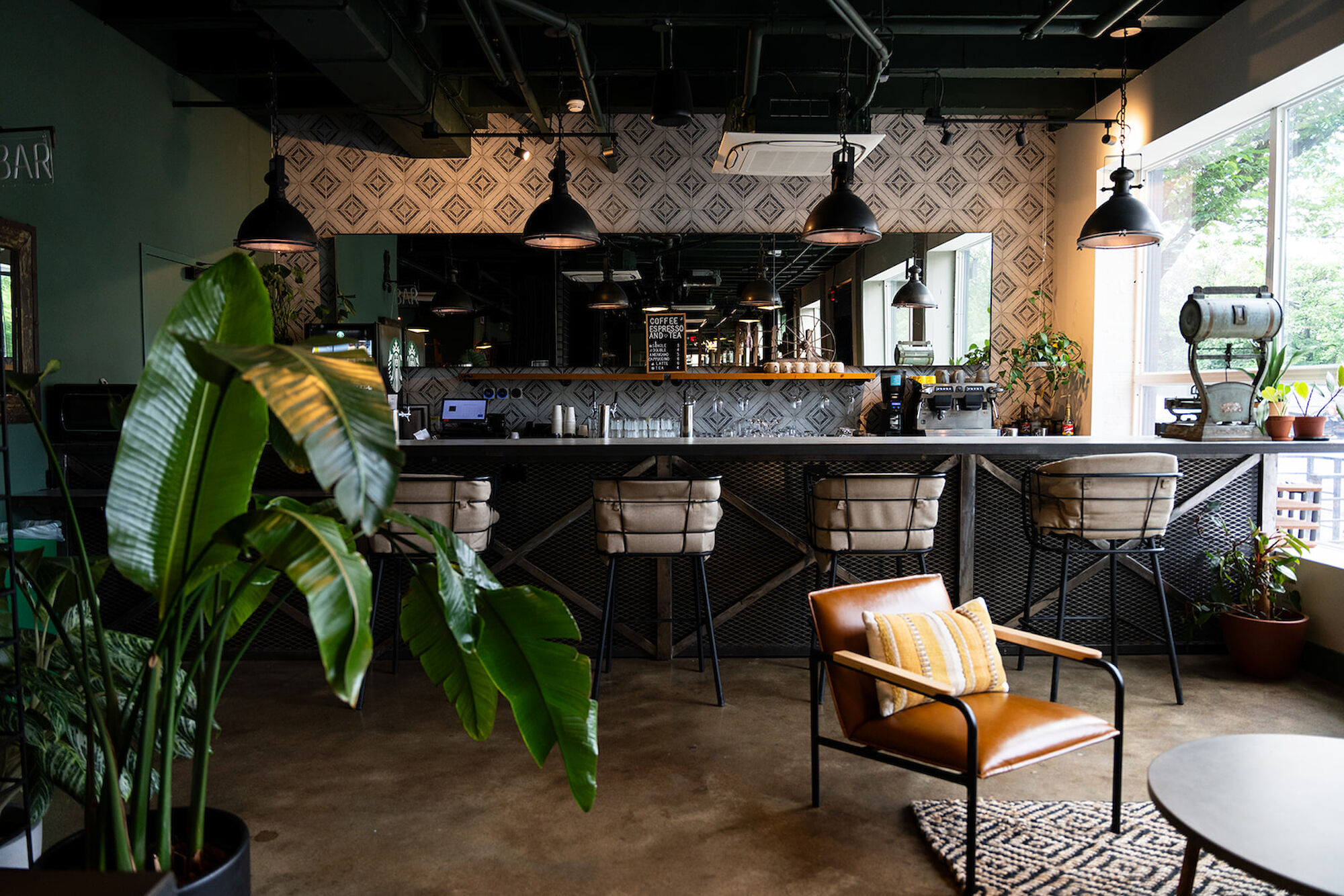 The image shows a modern cafe interior with a bar counter, bar stools, indoor plants, and cozy seating by a window.