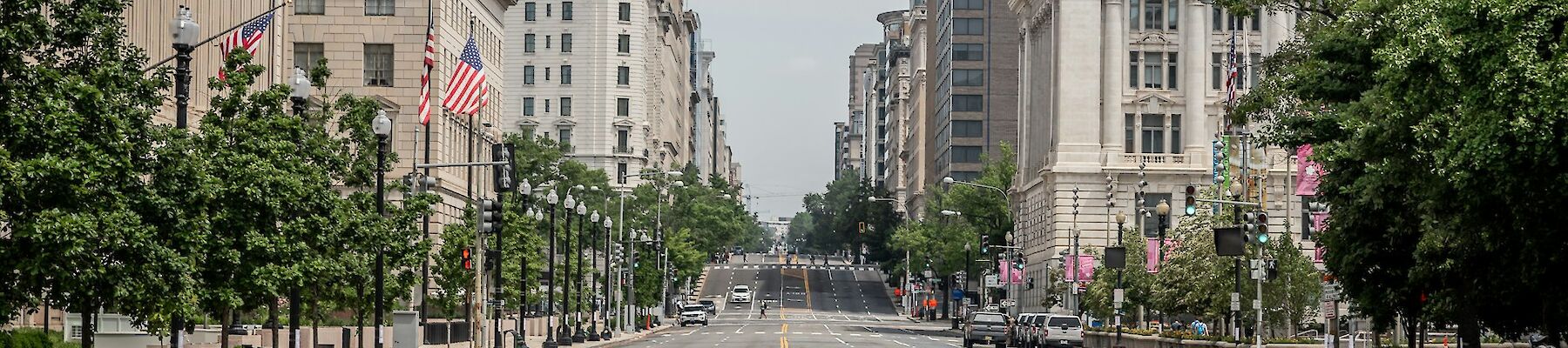 The image depicts a wide, empty city street lined with trees and American flags, flanked by historic buildings under a cloudy sky.