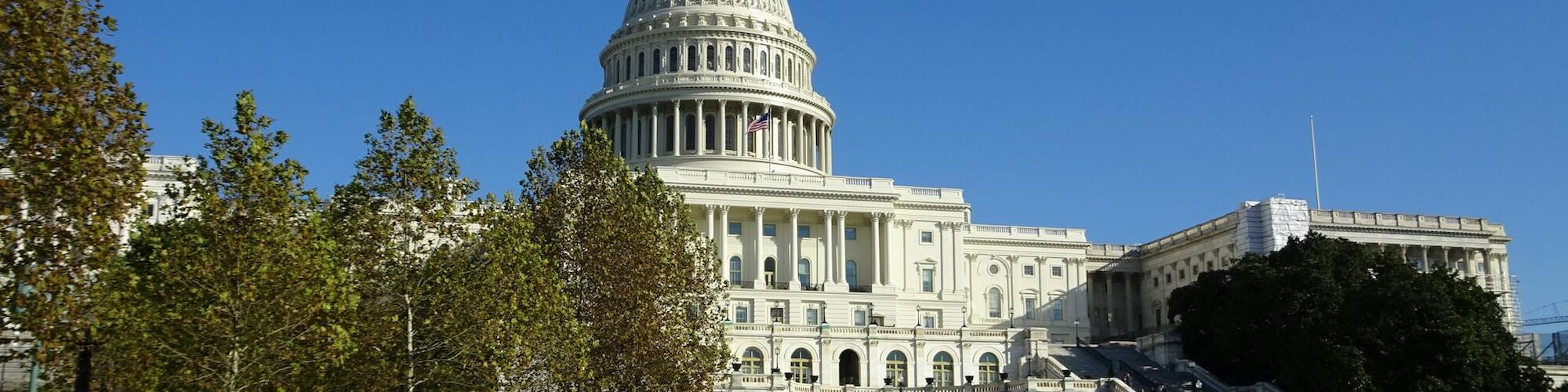 The image shows the United States Capitol building with a clear blue sky and a green lawn in the foreground.