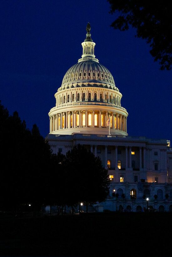 The image shows the U.S. Capitol building illuminated at night, with a deep blue sky in the background and silhouetted trees in the foreground.